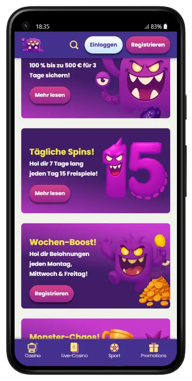 Mobiel scherm met Slotmonster promoties: dagelijkse 15 gratis spins gedurende 7 dagen, Wochen-Boost beloningen op maandag, woensdag en vrijdag, en de Monster-Chaos aanbieding