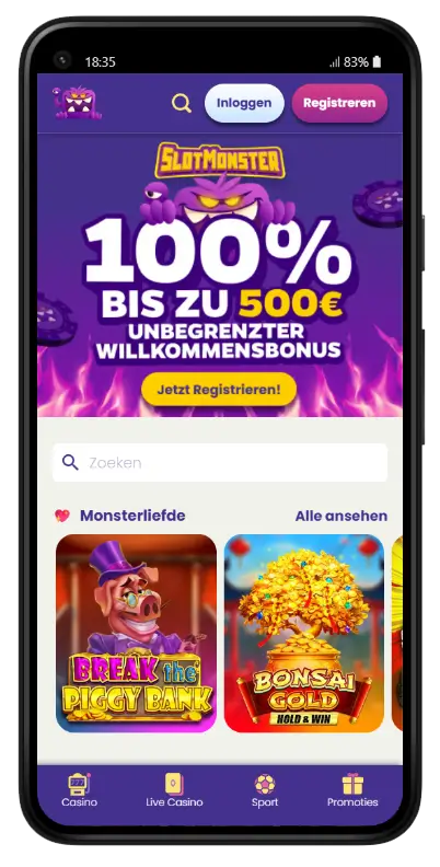 Slotmonster Casino startpagina op mobiel met een welkomstbanner van 100% tot €500 en de sectie Monsterliefde met uitgelichte gokkasten Break the Piggy Bank en Bonsai Gold