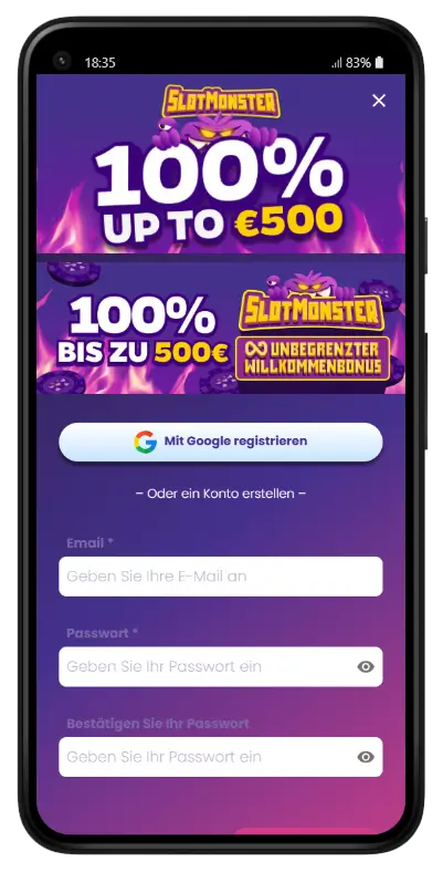 Slotmonster Casino registratieformulier op mobiel met 100% tot €500 welkomstbonus banner, Google-registratieoptie en invulvelden voor e-mail en wachtwoord