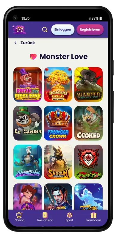 Mobiel scherm van Slotmonster Casino met de categorie Monster Love met gokkasten zoals Break the Piggy Bank, Bonsai Gold, Wanted, Le Bandit, Thunder Crown en Shogun